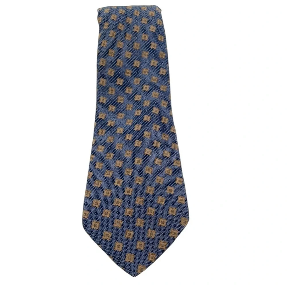 Giorgio Armani Textured Silk Wool Print Tie Blue Tan